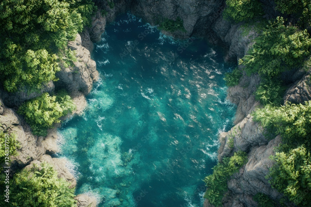 Aerial view of secluded turquoise cove nestled between lush green cliffs.