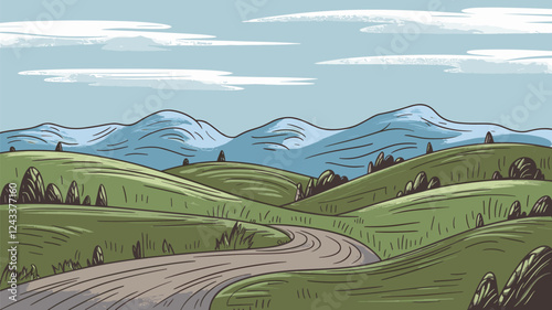 Rolling Green Hills with Mountain View