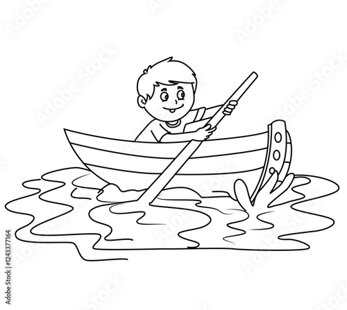 Cute cartoon hand drawn vector Boy rowing a boat on the lake coloring page.
