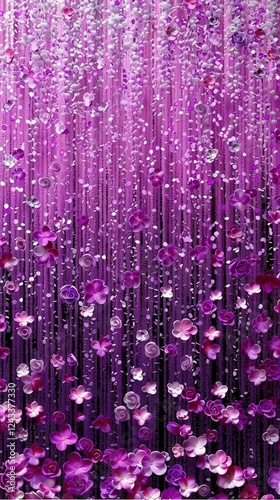 A vibrant purple background featuring cascading flowers and sparkling droplets, creating a dreamy and elegant atmosphere. photo