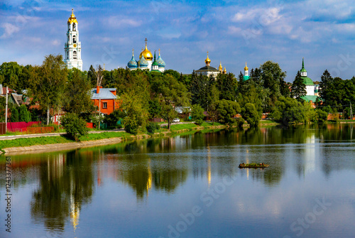 Panorama of Kelarsky Pond in Sergiev Posad,  Moscow region, Russia.  Trinity Lavra of St. Sergius is located in the background photo