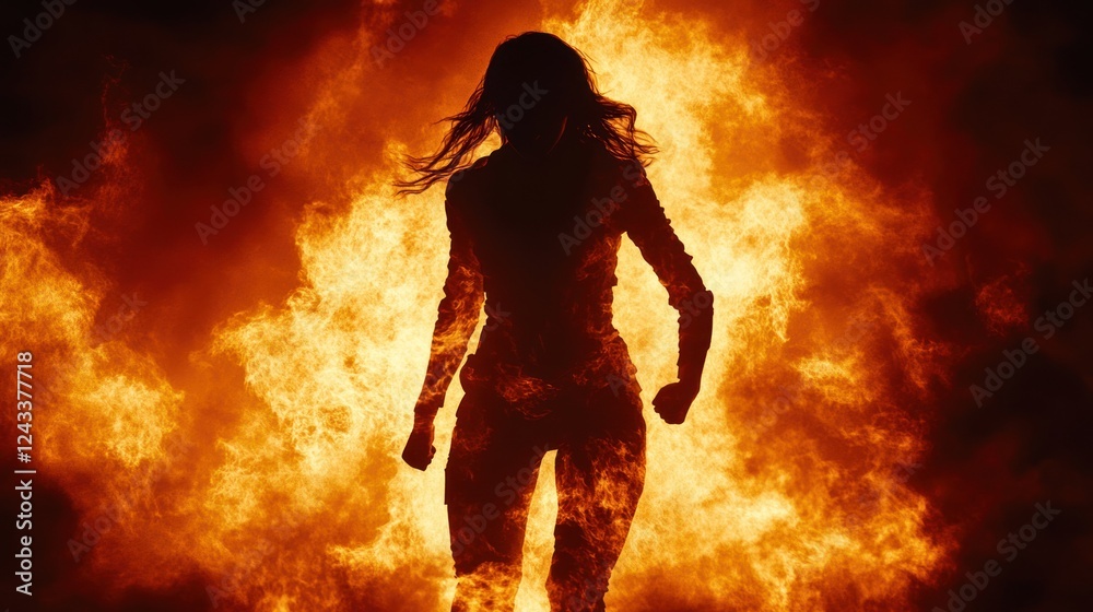 Fototapeta premium Woman standing heroically in front of a blazing fire during an action-packed moment at sunset. Generative AI