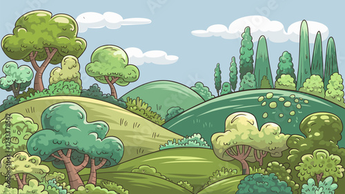 Cartoon Landscape with Rolling Green Hills and Trees
