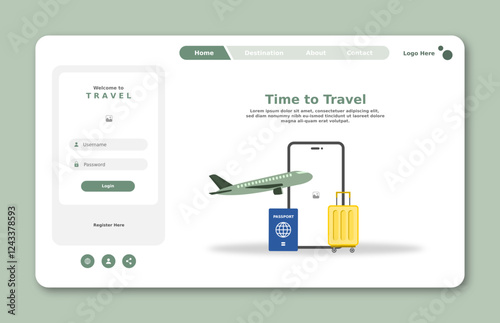 Travel website landing page. Flight booking. Graphical user interface for website page