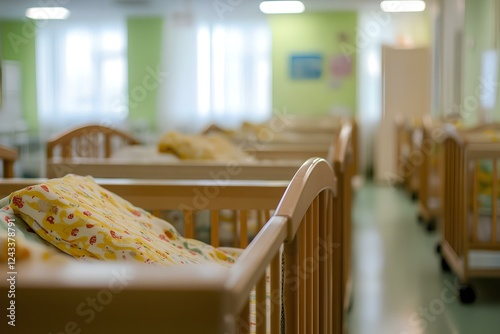 Baby cribs at a maternity ward. Low birth rate and fertility concept 
