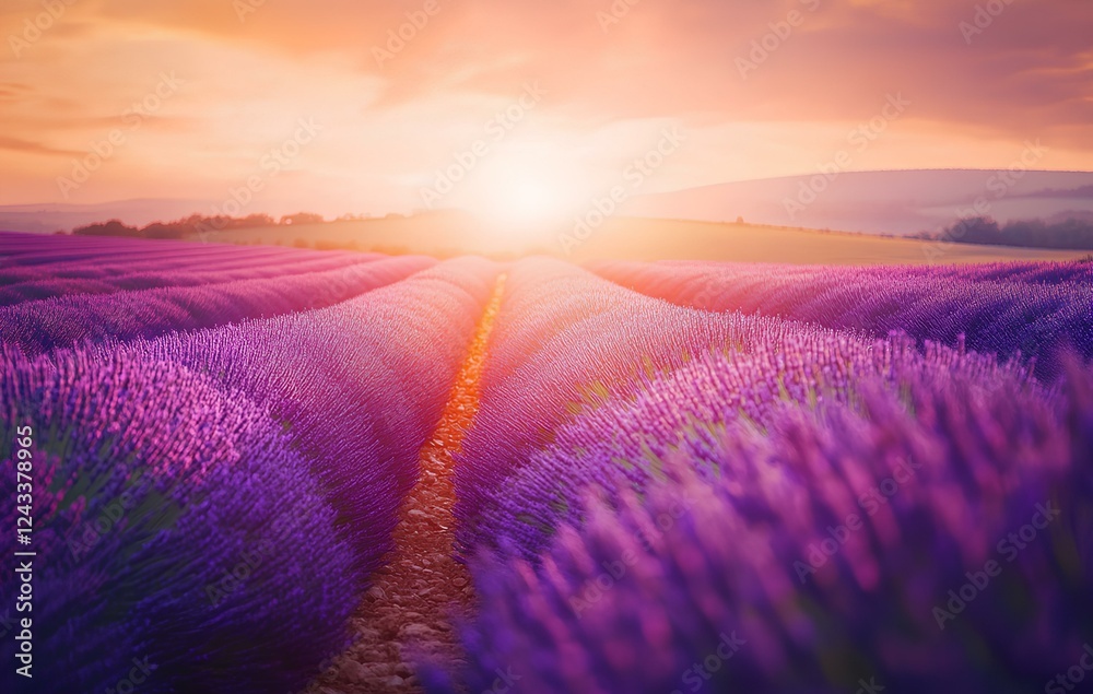 Fototapeta premium Beautiful lavender field at sunset, a picturesque summer landscape with rows of purple flowers in the countryside 