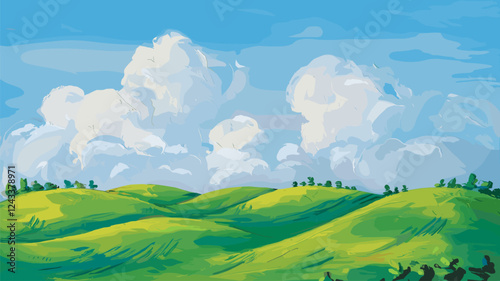 Rolling Green Hills with Fluffy Clouds