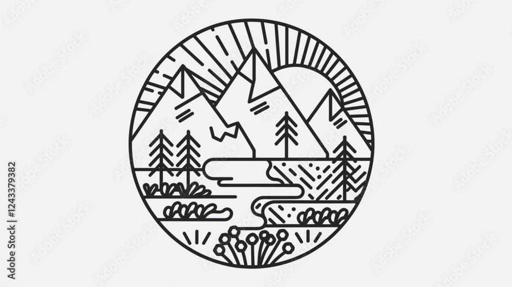 Fototapeta premium Mountain Landscape Line Art Circle