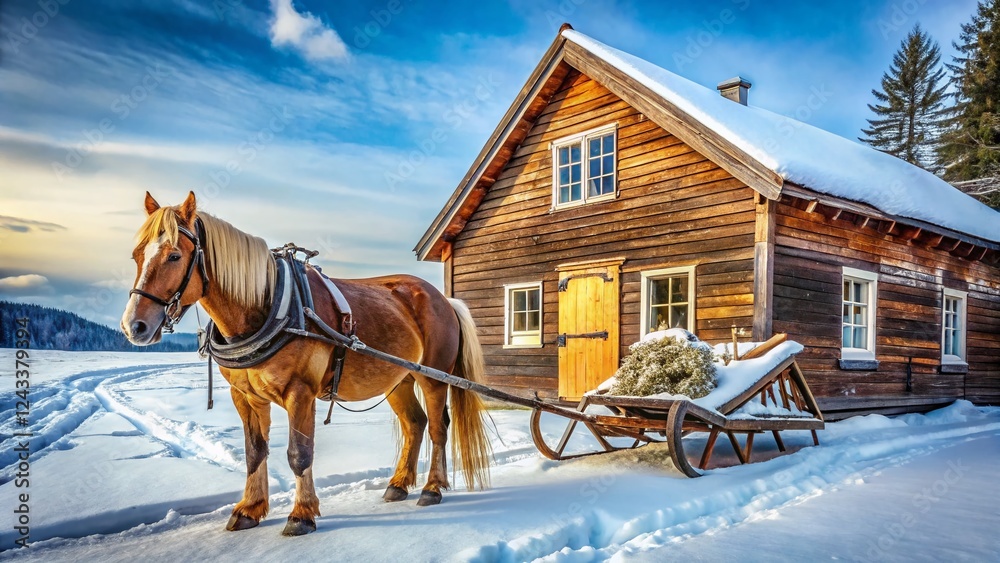 Elegant Horse Sled at Rustic Winter Cabin - Minimalist Photography Elegant Horse Sled at Rustic Winter Cabin - Minimalist Photography