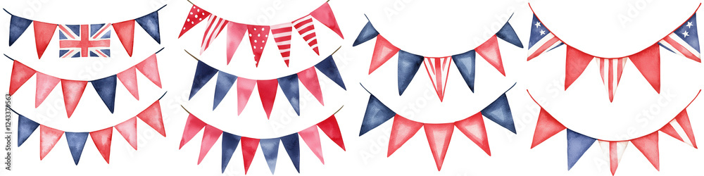 Fototapeta premium Victoria element, Colorful bunting and garlands featuring flags for celebrations, isolated on transparent background.