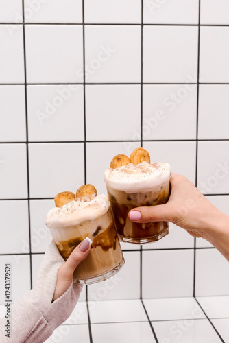 Nice ?ontemporary coffee with milk on the background on a trendy white wall photo