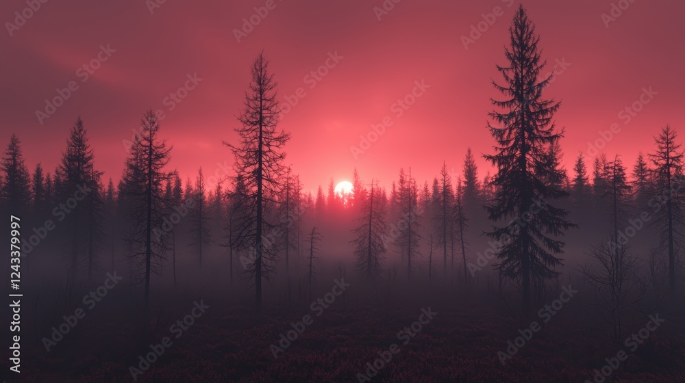 Creative Visualization of Elevated Terrain at Sunset with Forest and Misty Atmosphere Creative Visualization of Elevated Terrain at Sunset with Forest and Misty Atmosphere