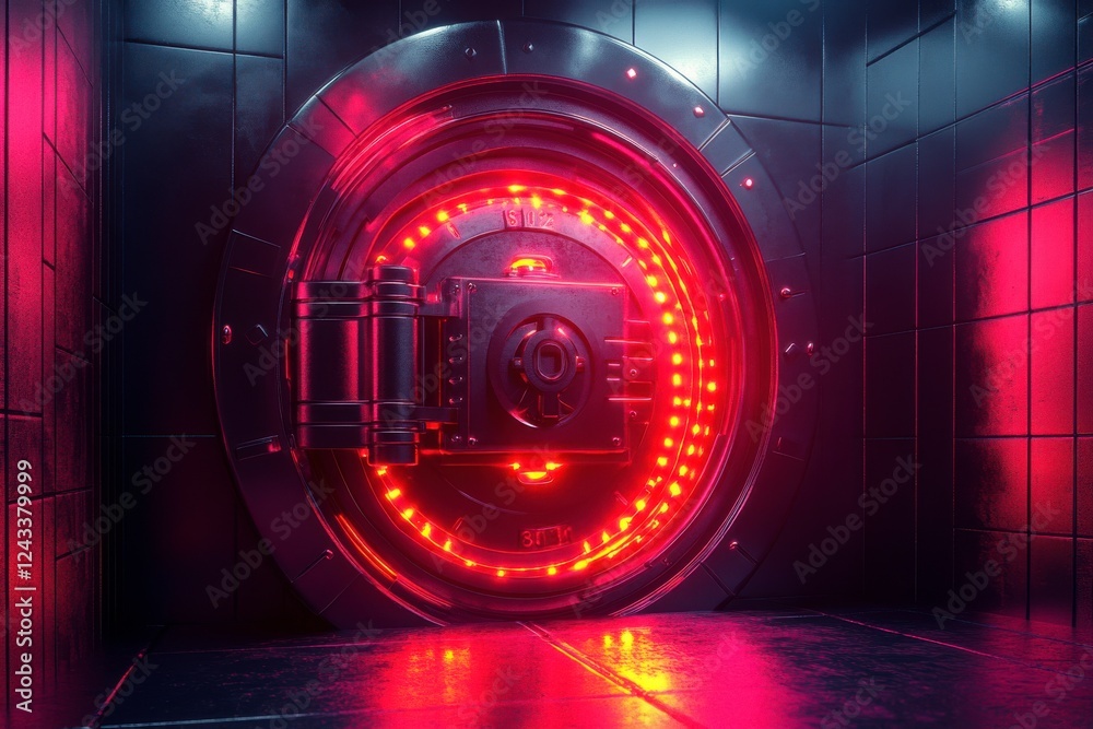 A futuristic vault door with glowing red lights, set against a sleek, dark background, exuding a sense of security and mystery. A futuristic vault door with glowing red lights, set against a sleek, dark background, exuding a sense of security and mystery.