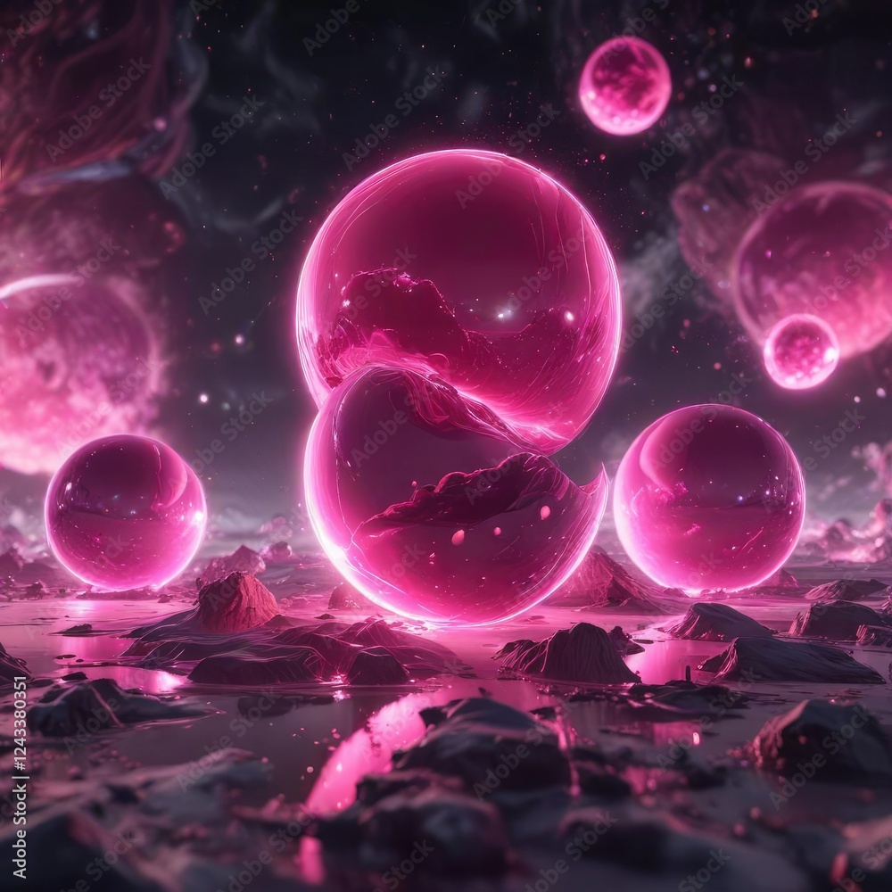 Fototapeta premium Pink luminescent sphere formations in the air, shapes, formations