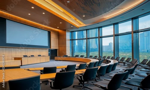 Big empty modern meeting, Presentation Screen board Seminar room interior Seat row,Conference room for Business training, large windows outside building city