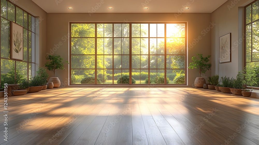 Obraz premium Minimalist empty hall with high windows, warm wooden flooring, and a peaceful, inviting ambiance, ultra-high-quality 8K 3D render