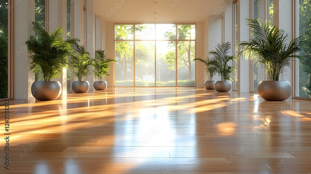 Natural and elegant hall with polished wooden floors, light reflections, and a clean, modern style, 8K ultra-detailed 3D render Natural and elegant hall with polished wooden floors, light reflections, and a clean, modern style, 8K ultra-detailed 3D render