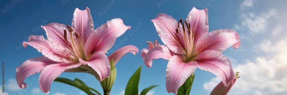 stunning pink lily flower against a bright blue sky , lily, beautiful stunning pink lily flower against a bright blue sky , lily, beautiful
