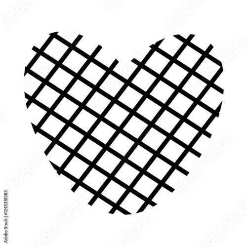 Black and white heart in a cage, isolated on white background. Vector doodle element for you design. Valentines day concept.