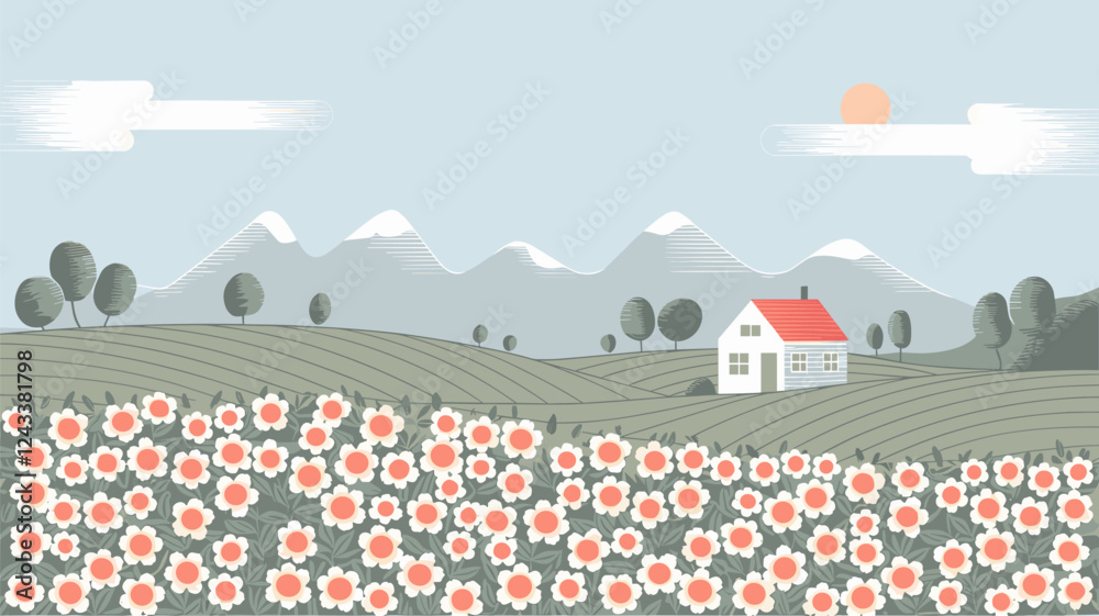 Rural Landscape with House, Flowers, and Mountains Rural Landscape with House, Flowers, and Mountains