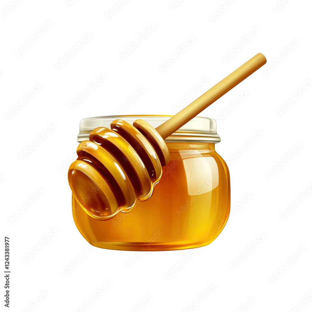 Golden Honey in a Jar with Wooden Dipper Golden Honey in a Jar with Wooden Dipper