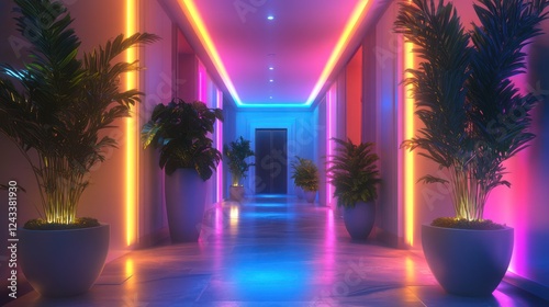 Neon Nights: A vibrant corridor bathed in electric hues, showcasing lush tropical plants in sleek modern pots.  The electrifying colors create a mesmerizing atmosphere.