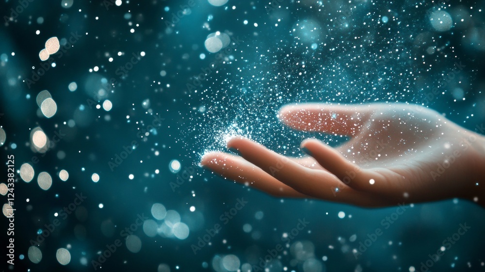 Magic Touch A Hand Reaching for Interconnected, Illuminated White Particles On a Blue Background Magic Touch A Hand Reaching for Interconnected, Illuminated White Particles On a Blue Background