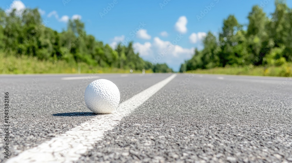 White ball on road, summer landscape, journey concept White ball on road, summer landscape, journey concept