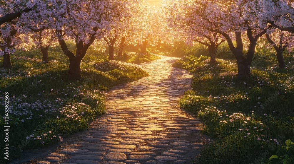 Winding cobblestone path through a blooming orchard at sunset Winding cobblestone path through a blooming orchard at sunset