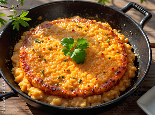 Top-down view of bobotie dish in sunlit outdoor setting, culinary delight photo