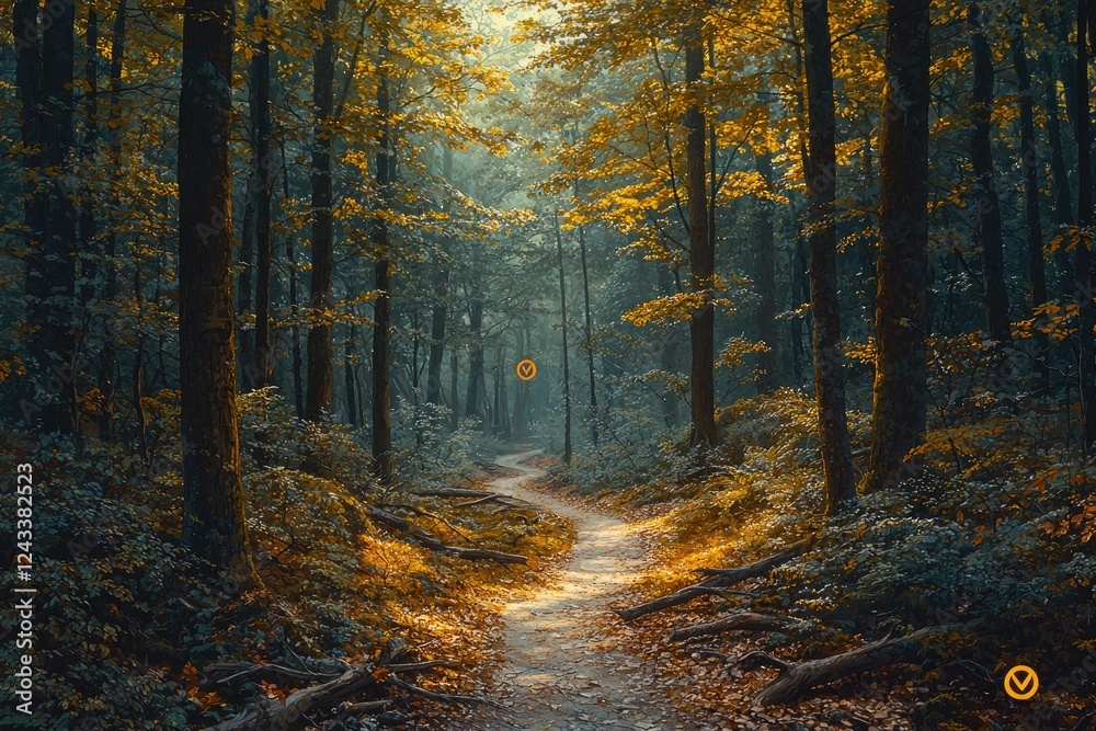 Fototapeta premium Sunlit Path Through An Autumnal Forest Scene