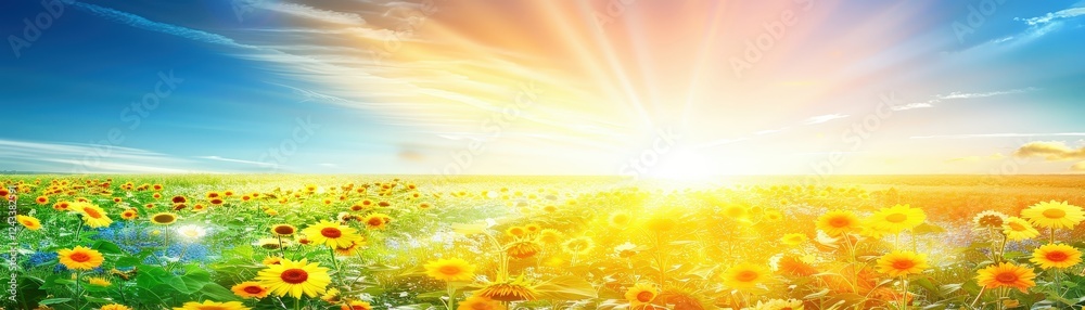 A vibrant field of sunflowers basking in the warm light of a rising sun against a clear blue sky. A vibrant field of sunflowers basking in the warm light of a rising sun against a clear blue sky.