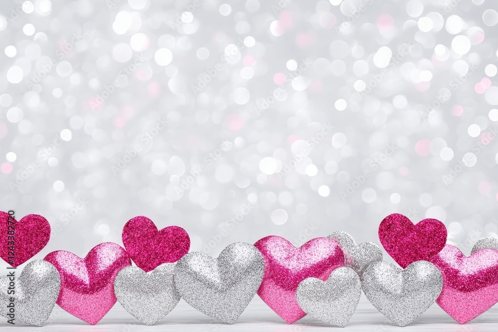 Fototapeta premium Glittering Hearts Valentine's Day Background - Pink and silver glitter hearts against a sparkling silver background. Perfect for Valentine's Day cards, websites, or social media.