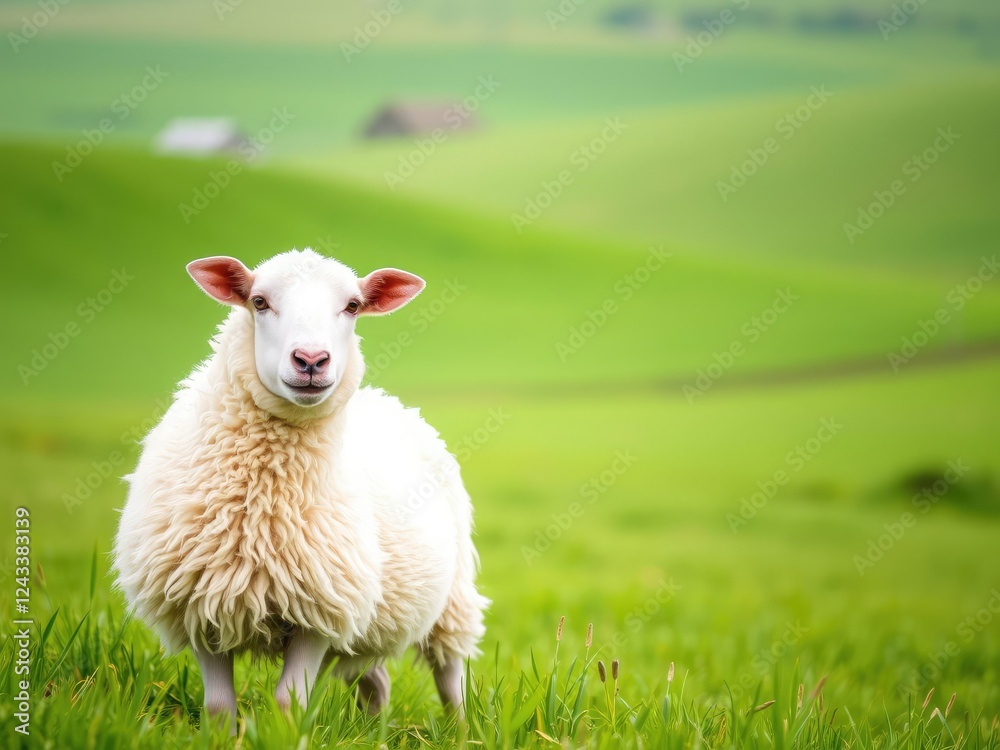 Obraz premium Rural landscape with a white sheep in green field, idyllic setting, sunny day