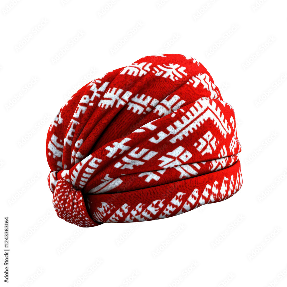 Fototapeta premium Red and White Patterned Turban Headwrap - Stylish Fabric Accessory