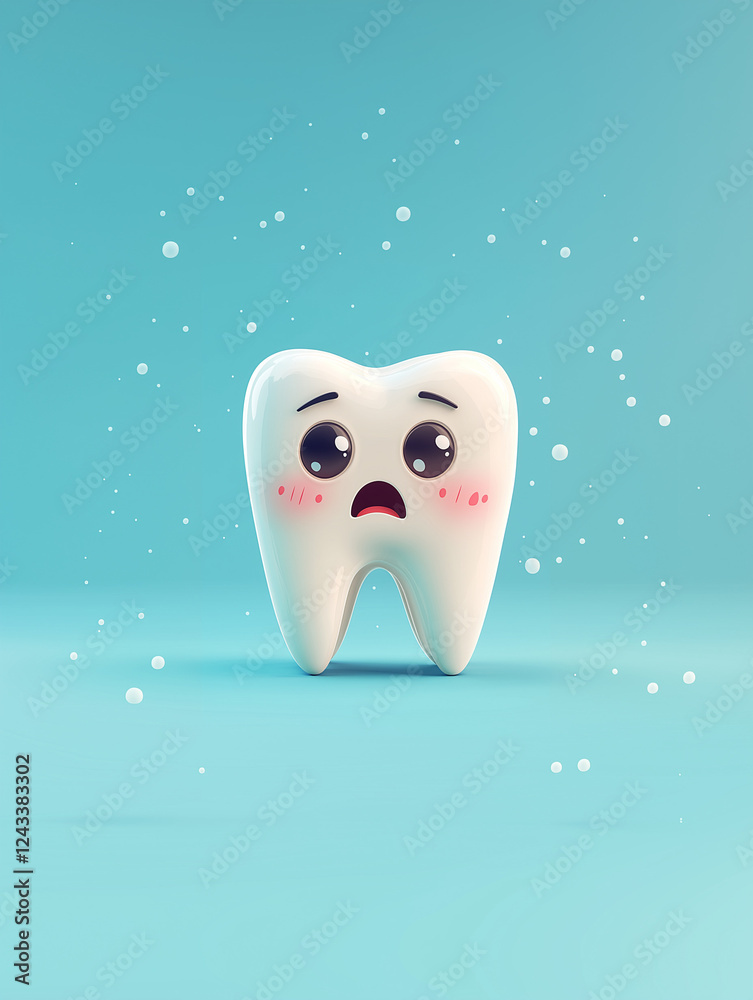 A cute, cartoonish tooth character with a worried expression, blushing cheeks, set against a light blue background with bubbles. A cute, cartoonish tooth character with a worried expression, blushing cheeks, set against a light blue background with bubbles.