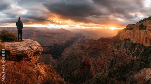 Wallpaper Mural A giraffe stands majestically on a cliff, gazing over a vast canyon as the sun sets, casting vibrant colors across the sky and landscape. Torontodigital.ca
