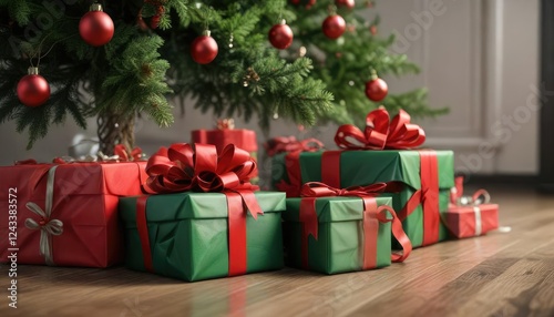 Satiny red and green wrapped gifts under a fir tree, under the tree, red, presents
