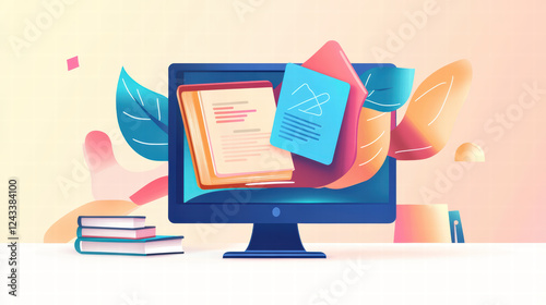 vibrant online course catalog displayed on computer screen, featuring colorful books and leaves, creating inviting and educational atmosphere