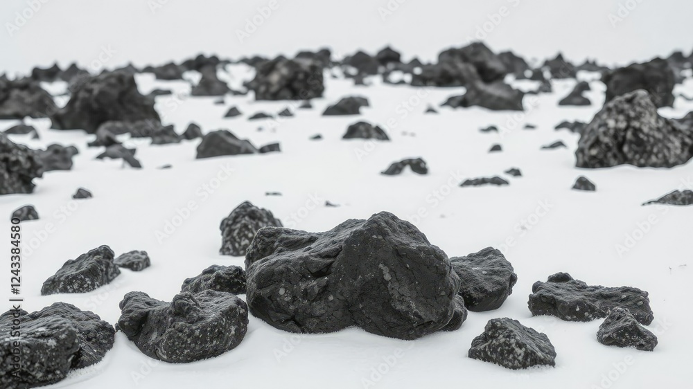 Textured volcanic boulders scattered on a pure white snow-covered ground, textured stone, earthy tones Textured volcanic boulders scattered on a pure white snow-covered ground, textured stone, earthy tones