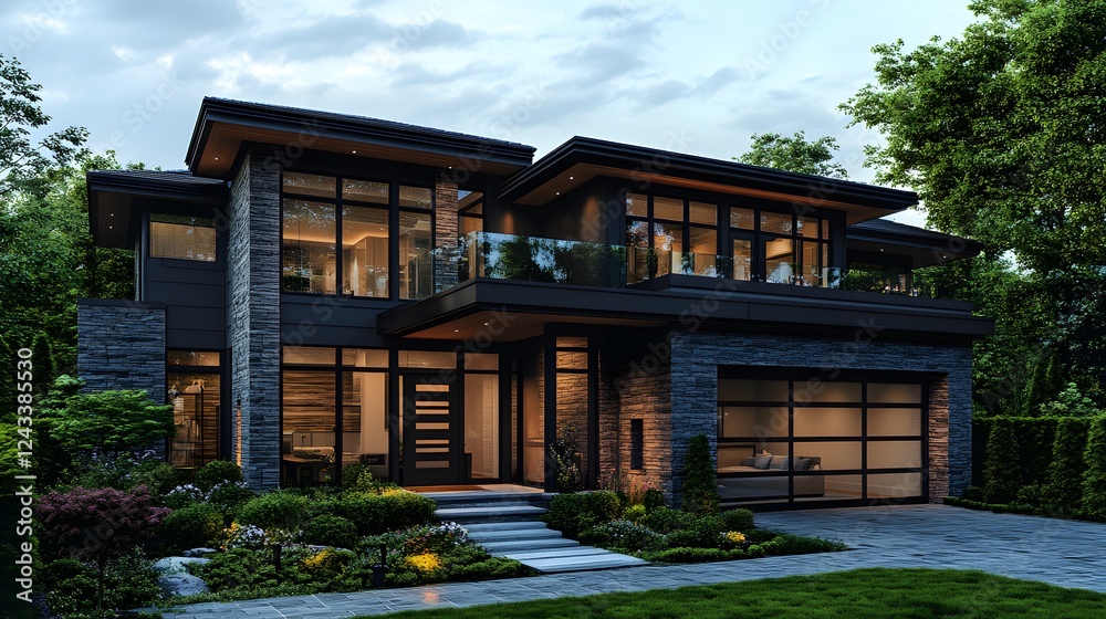 Stylish two-story home with a dark metallic finish, sleek industrial-style walls, and floor-to-ceiling glass doors, high-resolution 8K 3D render Stylish two-story home with a dark metallic finish, sleek industrial-style walls, and floor-to-ceiling glass doors, high-resolution 8K 3D render
