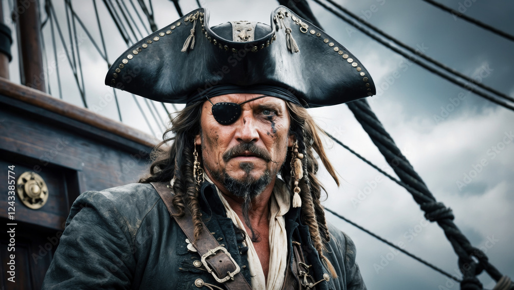 Fototapeta premium A cinematic-style portrait of a rugged pirate captain on a ship deck, under a cloudy sky, dramatic and adventurous atmosphere