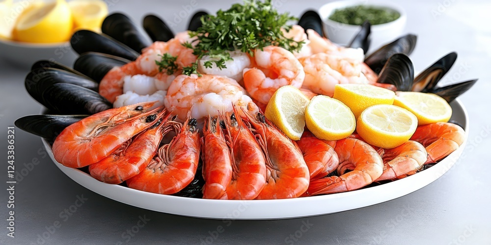 A lavish seafood platter boasts prawns, mussels, and lemon slices, exquisitely arranged and garnished with parsley on a white plate. A lavish seafood platter boasts prawns, mussels, and lemon slices, exquisitely arranged and garnished with parsley on a white plate.