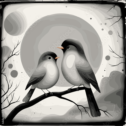 Two birds in monochrome, affectionate mood, perched on a branch, minimalist background
