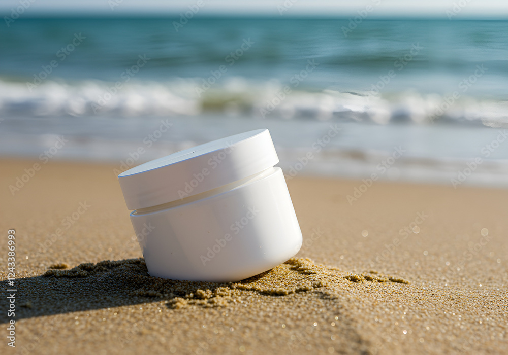 white jar for cream with a lid without stickers, blurred sea, beach, sand, sun white jar for cream with a lid without stickers, blurred sea, beach, sand, sun