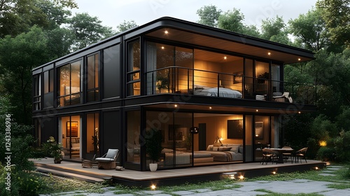 Elegant and futuristic two-story black steel home with clean modern details, open terraces, and panoramic windows, 8K high-quality 3D render