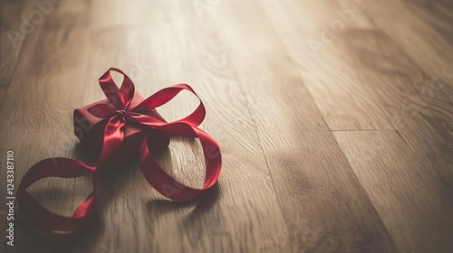 A forgotten Valentine's Day gift wrapped in red ribbon, left untouched on a wooden floor. photo