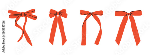 Red bows hand draw illustration. Red ribbon set.