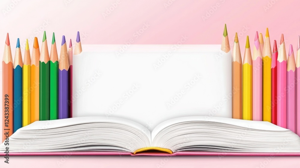 Open blank book with colorful pencils pastel background Open blank book with colorful pencils pastel background