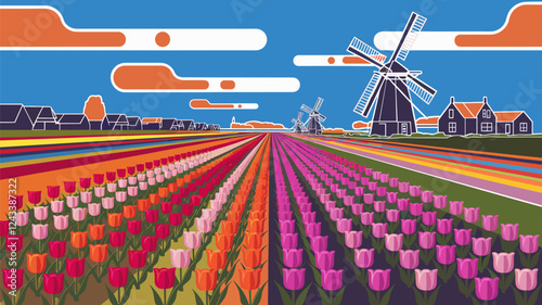 Dutch Tulip Fields with Windmills and Colorful Sky